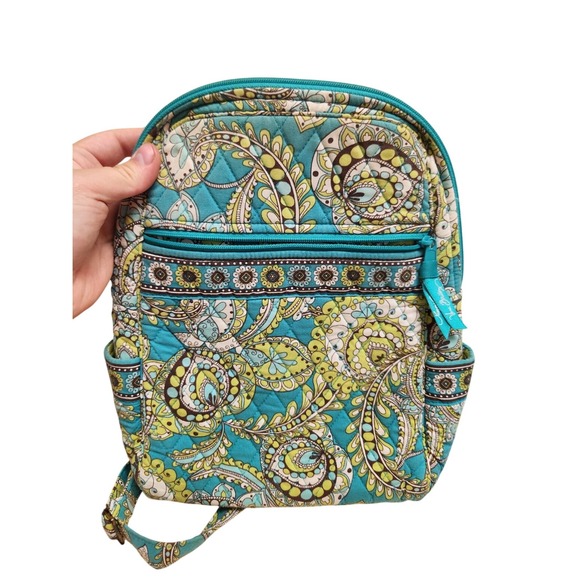Vera Bradley Quilted Mini Backpack Bookbag Travel Bag Paisley Teal Green - Picture 1 of 3